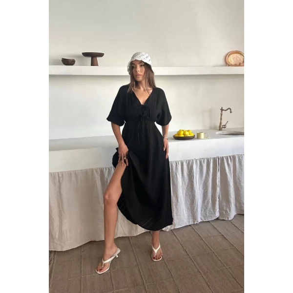 V YAKA DÖKÜMLÜ ELBİSE - Siyah
