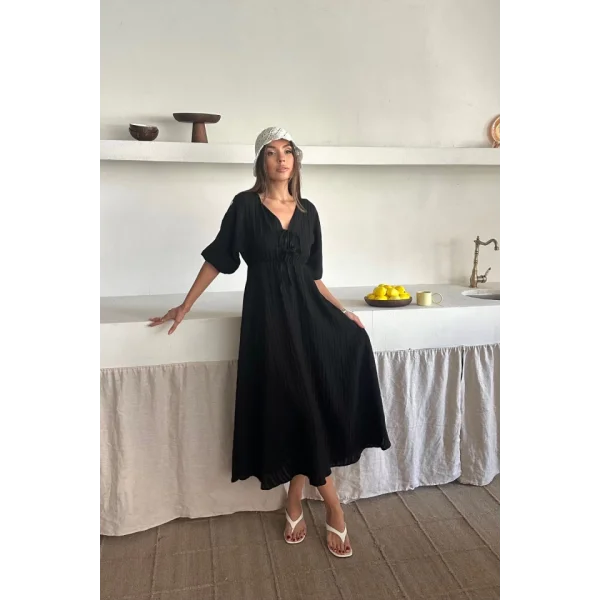 V YAKA DÖKÜMLÜ ELBİSE - Siyah