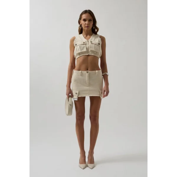 V Yaka Düğmeli Crop Yelek