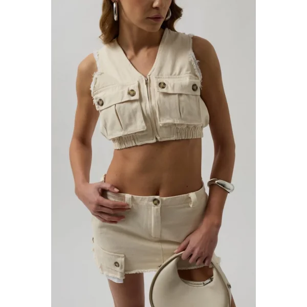 V Yaka Düğmeli Crop Yelek