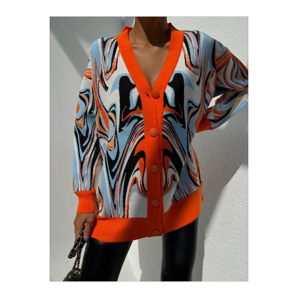 V Yaka Düğmeli Oversize Ebruli Desen Hırka