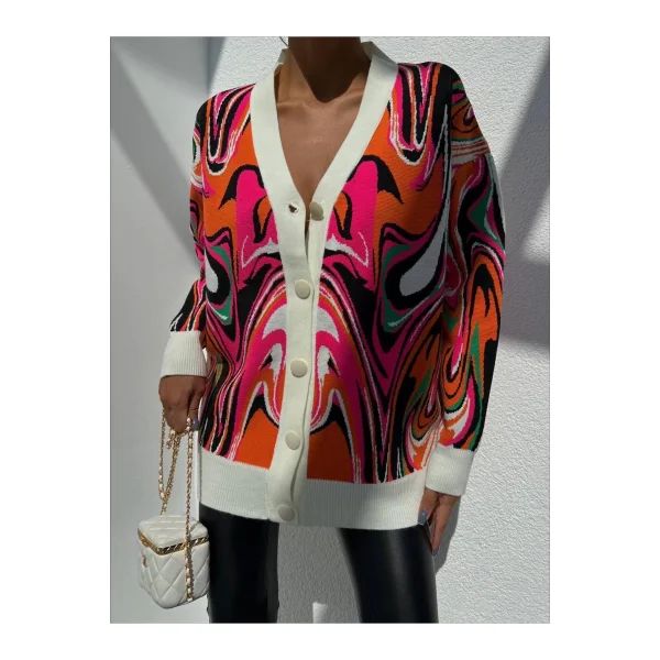 V Yaka Düğmeli Oversize Ebruli Desen Hırka