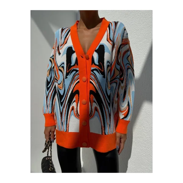 V Yaka Düğmeli Oversize Ebruli Desen Hırka