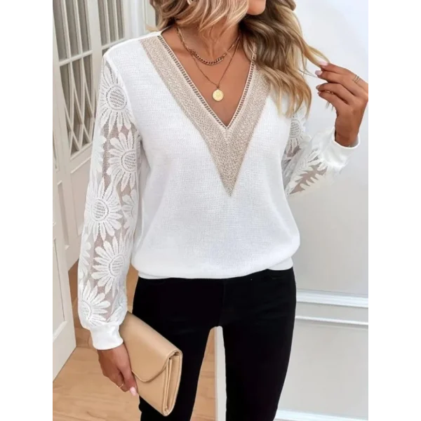 V Yaka Fistolu Kolu Tül Detaylı Bluz -Beyaz