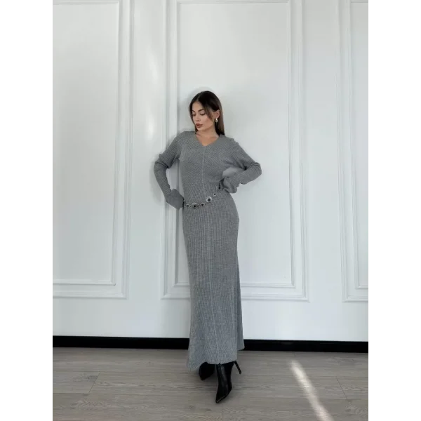 V Yaka Fitilli Uzun Elbise- Gri