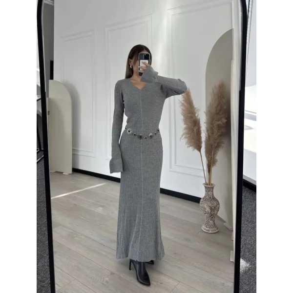 V Yaka Fitilli Uzun Elbise- Gri