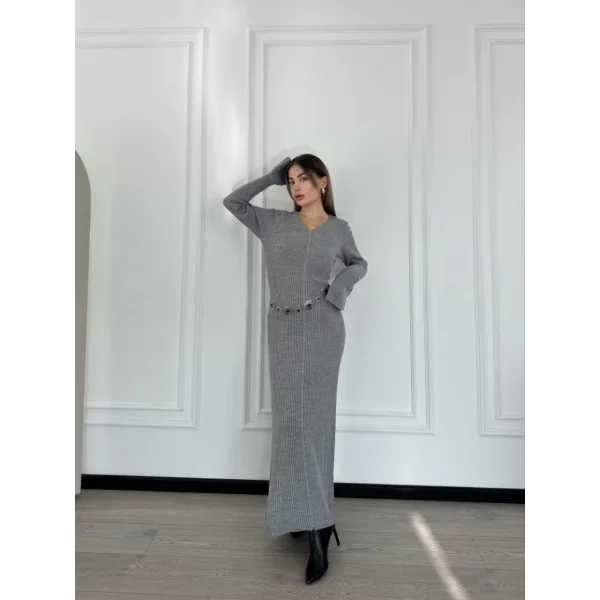 V Yaka Fitilli Uzun Elbise- Gri