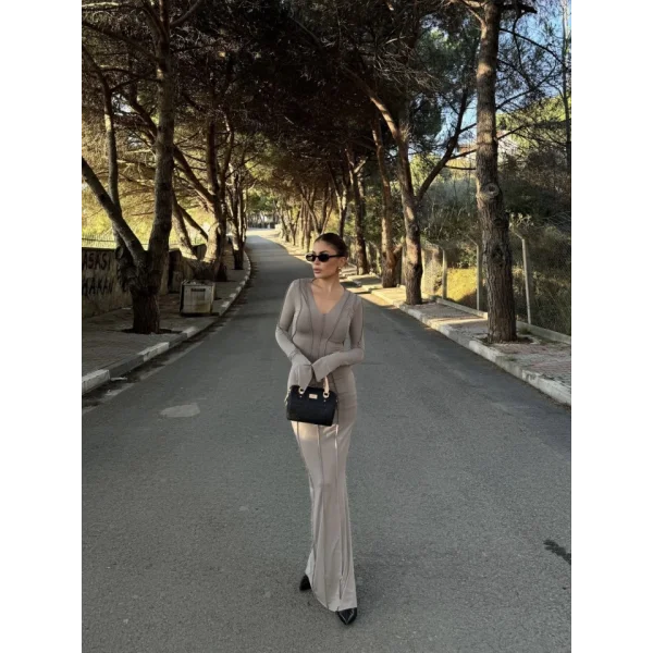 V Yaka Karoyaka Dikişli Yırtmaçlı Uzun Elbise - Taş