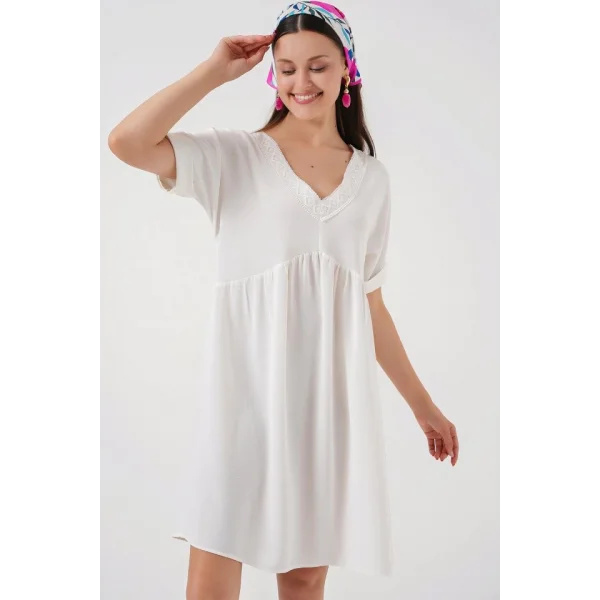 V Yaka Kısa Kol Elbise 2567 - Beyaz