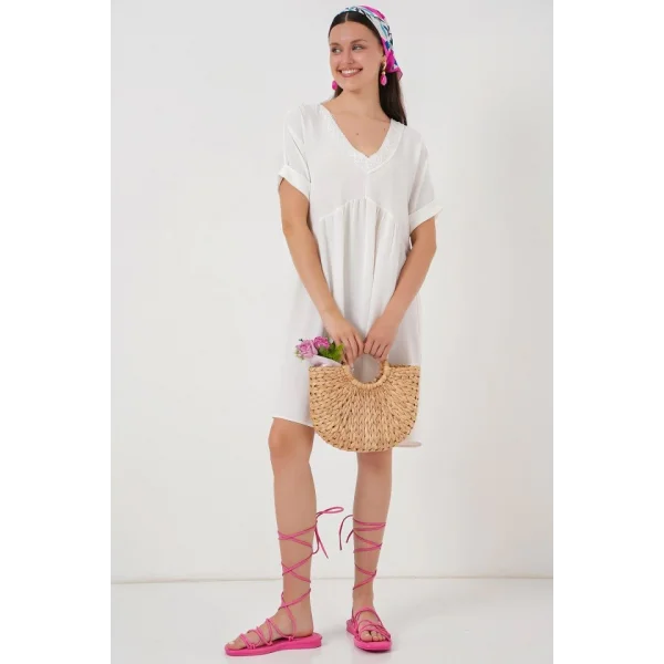 V Yaka Kısa Kol Elbise 2567 - Beyaz
