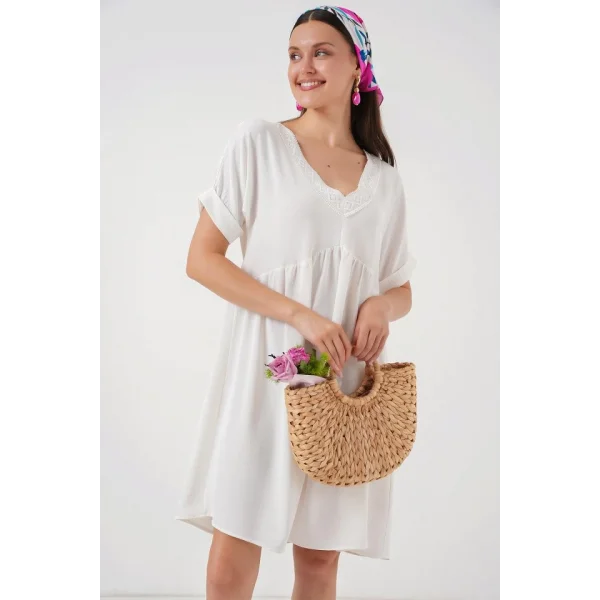 V Yaka Kısa Kol Elbise 2567 - Beyaz