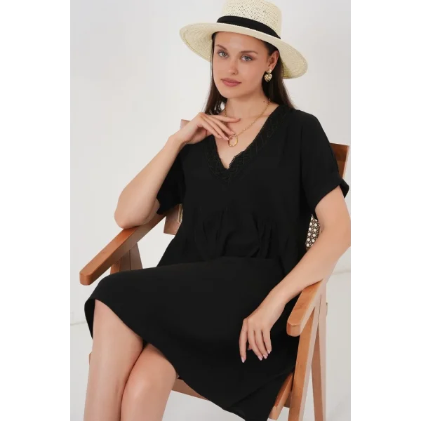 V Yaka Kısa Kol Elbise 2567 - Siyah