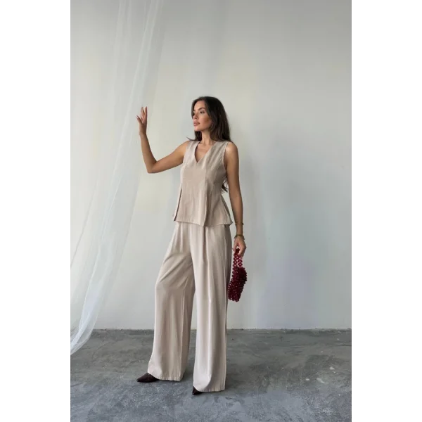 V YAKA KOLSUZ BLUZ - PANTOLON TAKIM MODAL KUMAŞ - Bej