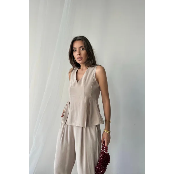 V YAKA KOLSUZ BLUZ - PANTOLON TAKIM MODAL KUMAŞ - Bej