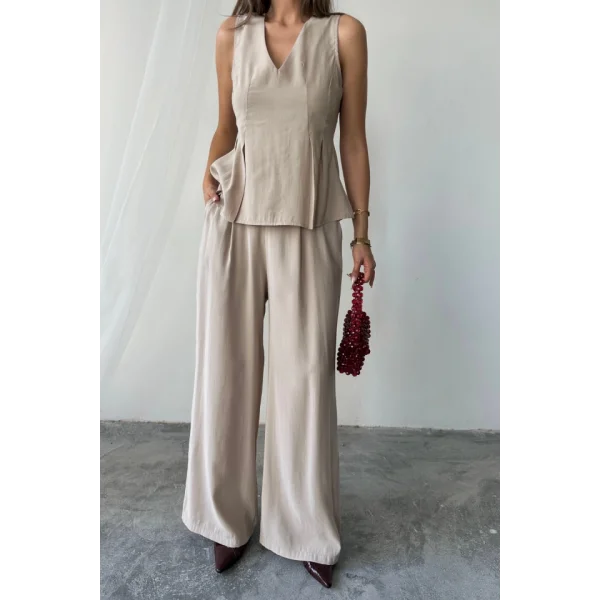 V YAKA KOLSUZ BLUZ - PANTOLON TAKIM MODAL KUMAŞ - Bej