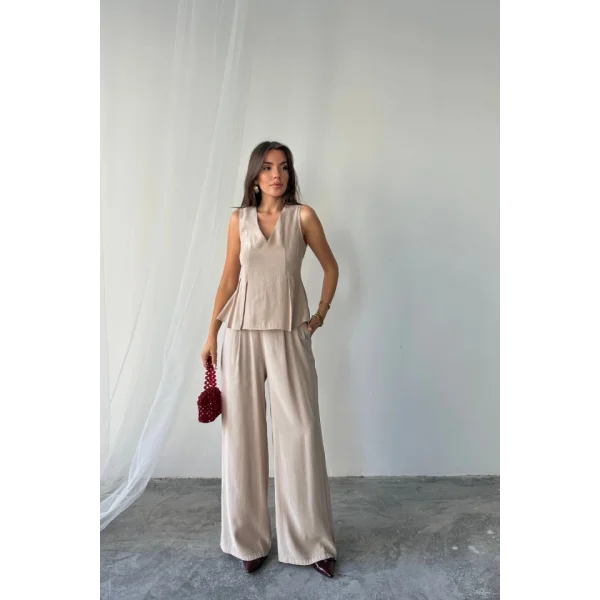 V YAKA KOLSUZ BLUZ - PANTOLON TAKIM MODAL KUMAŞ - Bej