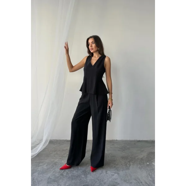 V YAKA KOLSUZ BLUZ - PANTOLON TAKIM MODAL KUMAŞ - Siyah