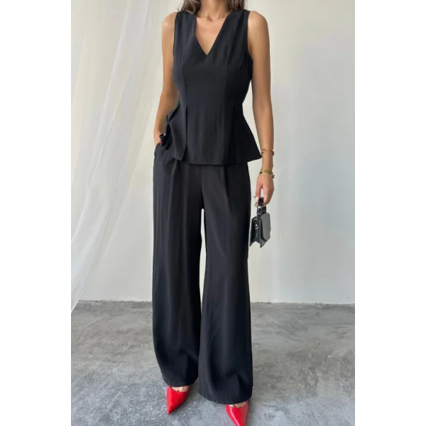 V YAKA KOLSUZ BLUZ - PANTOLON TAKIM MODAL KUMAŞ - Siyah