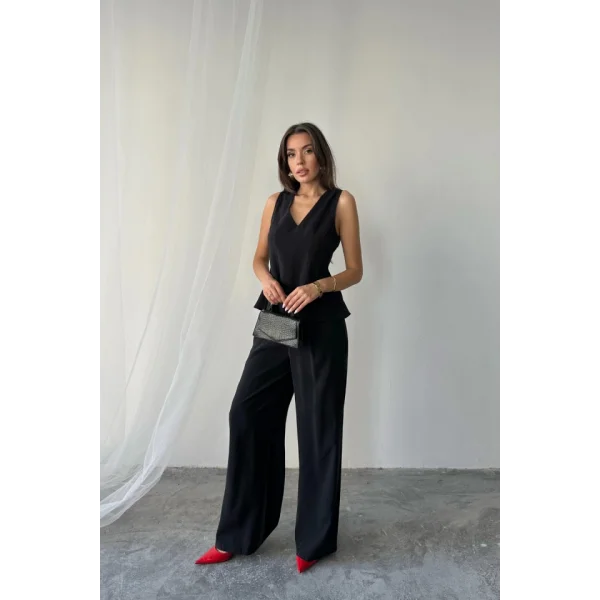 V YAKA KOLSUZ BLUZ - PANTOLON TAKIM MODAL KUMAŞ - Siyah