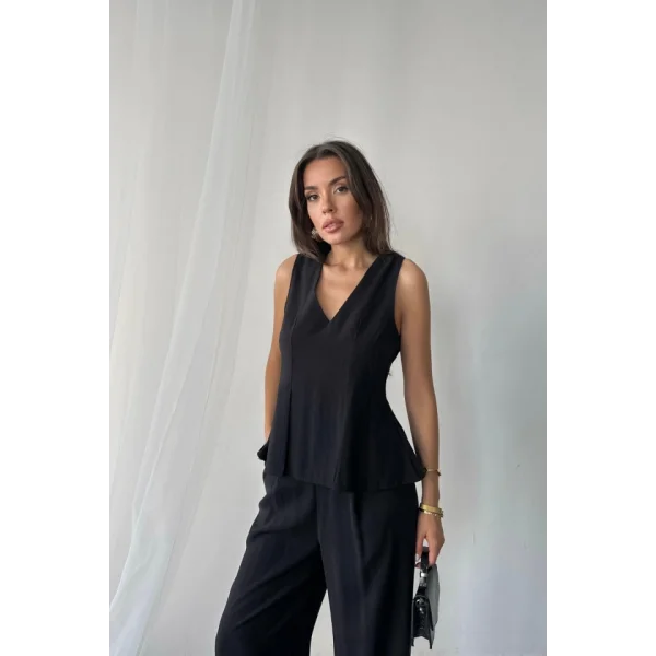 V YAKA KOLSUZ BLUZ - PANTOLON TAKIM MODAL KUMAŞ - Siyah