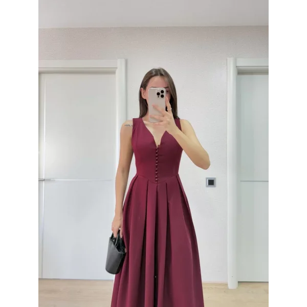 V yaka Krep Arka Ön Pens Detaylı Uzun Kolsuz Elbise - Bordo