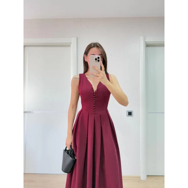 V yaka Krep Arka Ön Pens Detaylı Uzun Kolsuz Elbise - Bordo