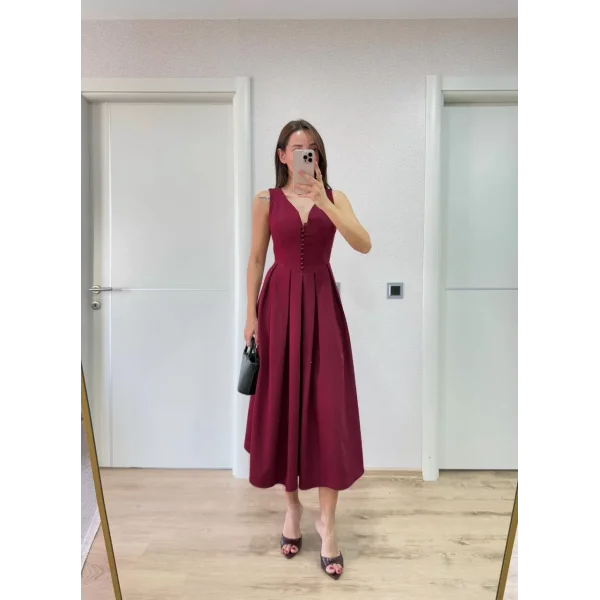 V yaka Krep Arka Ön Pens Detaylı Uzun Kolsuz Elbise - Bordo