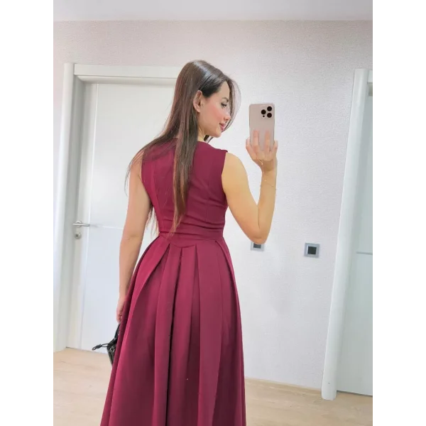 V yaka Krep Arka Ön Pens Detaylı Uzun Kolsuz Elbise - Bordo