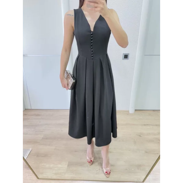 V yaka Krep Arka Ön Pens Detaylı Uzun Kolsuz Elbise - Siyah