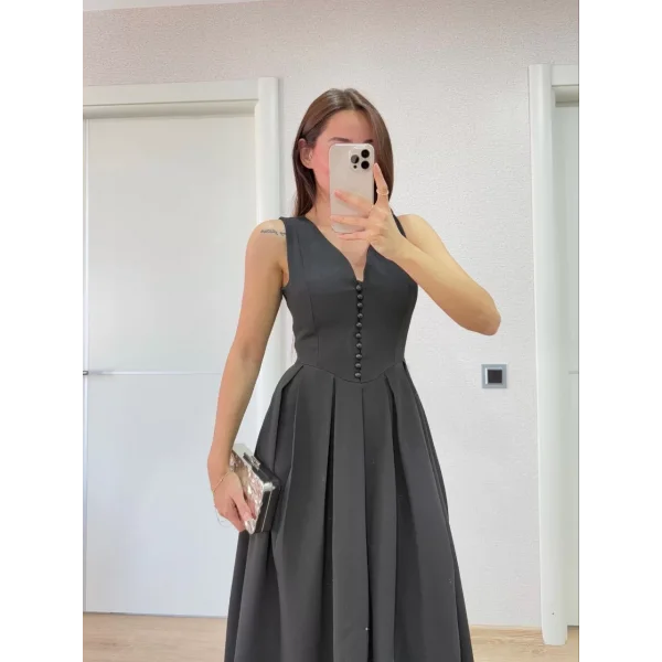 V yaka Krep Arka Ön Pens Detaylı Uzun Kolsuz Elbise - Siyah