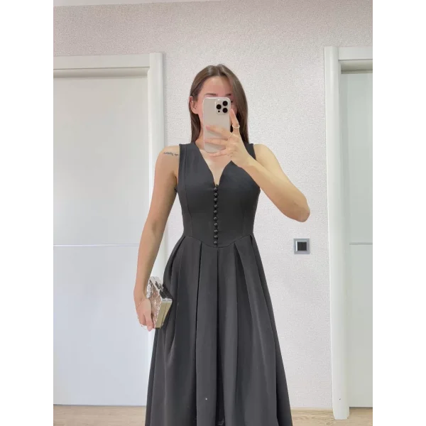 V yaka Krep Arka Ön Pens Detaylı Uzun Kolsuz Elbise - Siyah