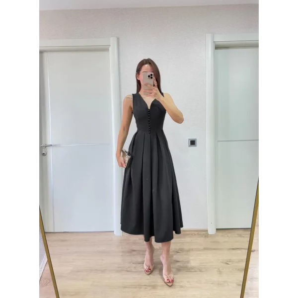 V yaka Krep Arka Ön Pens Detaylı Uzun Kolsuz Elbise - Siyah