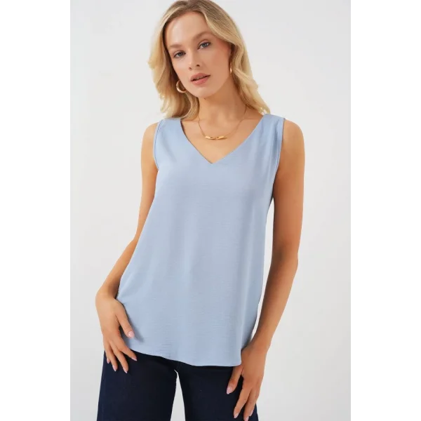 V Yaka Sıfır Kol Bluz 950 - Mavi