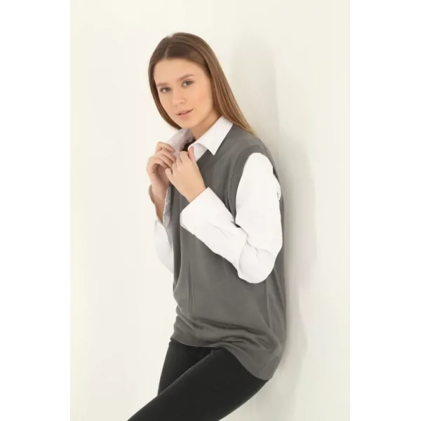 V Yaka Süveter  Gri