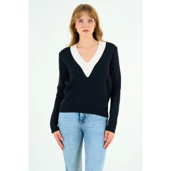 V Yaka Triko Kazak - Siyah-Krem