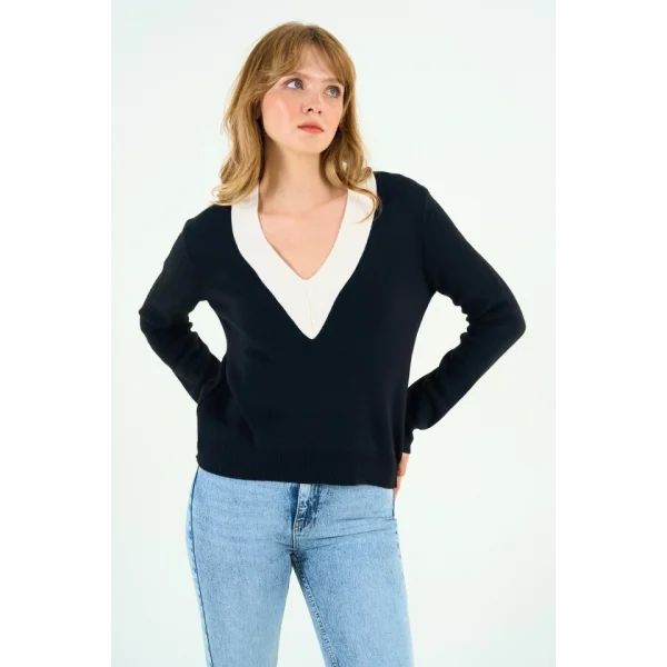 V Yaka Triko Kazak - Siyah-Krem