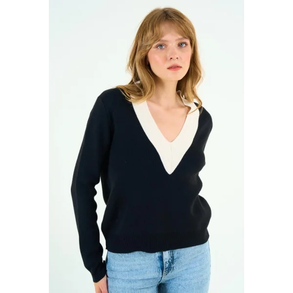 V Yaka Triko Kazak - Siyah-Krem