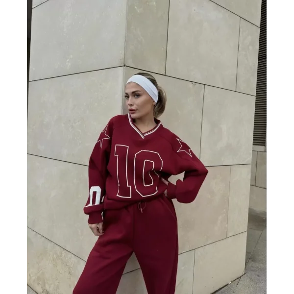 V Yaka Üç İplik Sweat Takım - Bordo