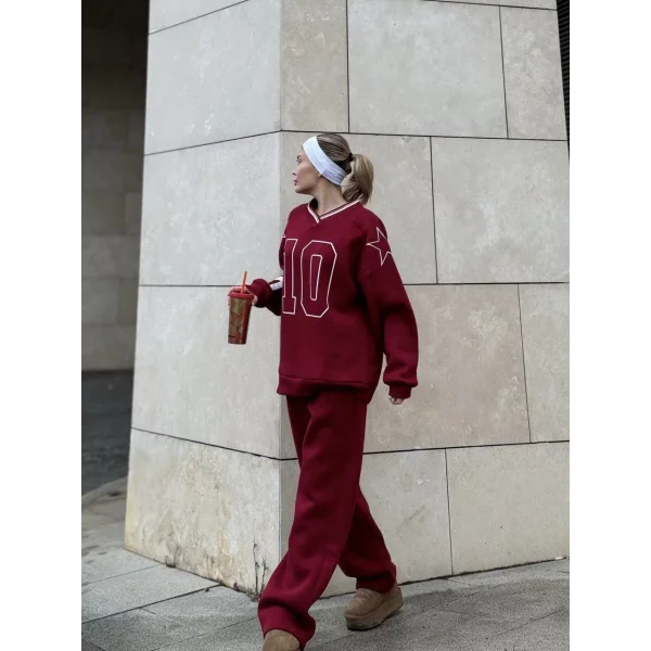 V Yaka Üç İplik Sweat Takım - Bordo