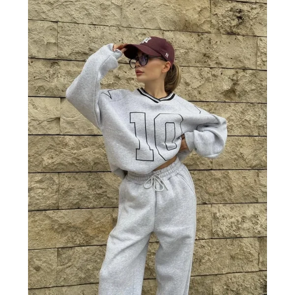 V Yaka Üç İplik Sweat Takım - Gri