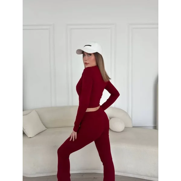 V yaka uzun kollu bluz İspanyol paçalı tayt İkili Takım - Bordo