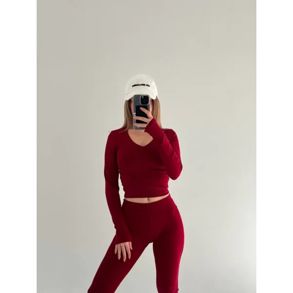 V yaka uzun kollu bluz İspanyol paçalı tayt İkili Takım - Bordo