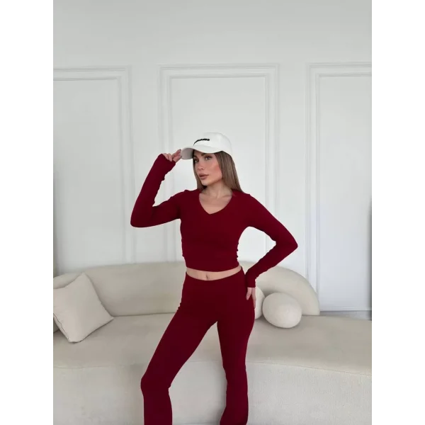 V yaka uzun kollu bluz İspanyol paçalı tayt İkili Takım - Bordo