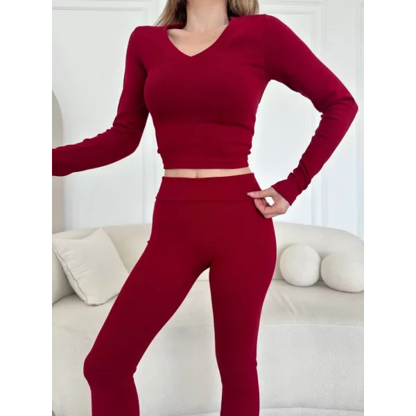 V yaka uzun kollu bluz İspanyol paçalı tayt İkili Takım - Bordo
