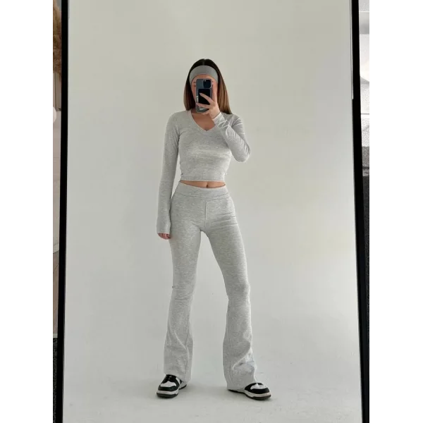 V yaka uzun kollu bluz İspanyol paçalı tayt İkili Takım - Gri