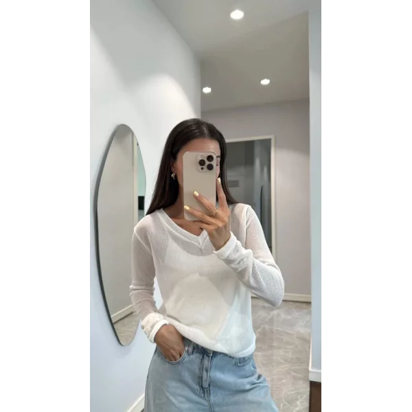 V Yaka uzun Kollu Triko ince Bluz - Beyaz