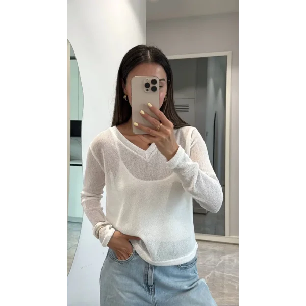 V Yaka uzun Kollu Triko ince Bluz - Beyaz