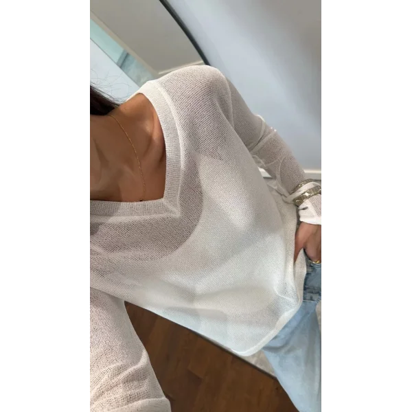 V Yaka uzun Kollu Triko ince Bluz - Beyaz