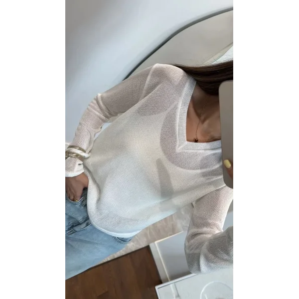 V Yaka uzun Kollu Triko ince Bluz - Beyaz