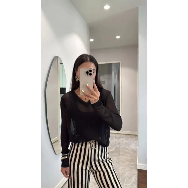 V Yaka uzun Kollu Triko ince Bluz - Siyah